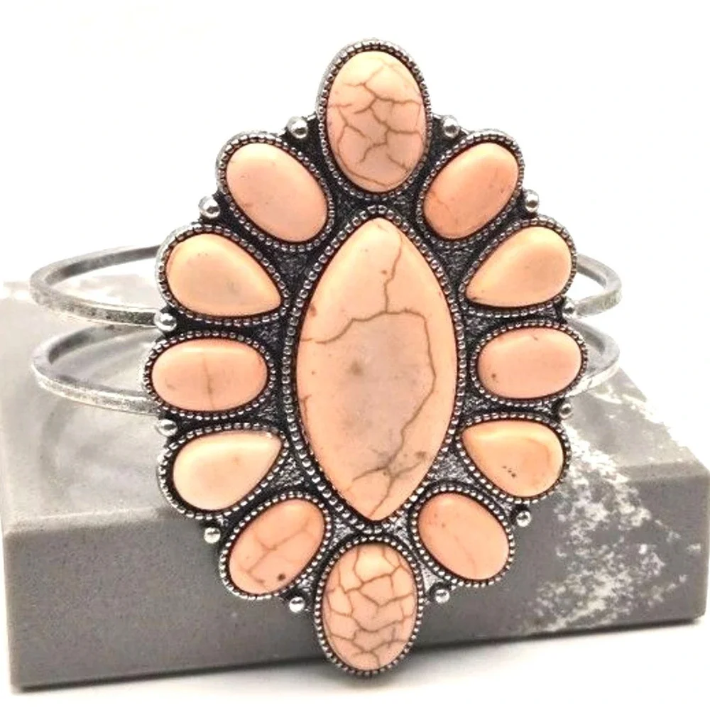 Pink‎ Stone Silver Tone Hinged Statement Bracelet Southwestern Marquis